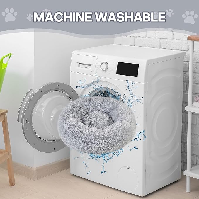 Calming Round Cute Cat & Dog Bed, Anti-Slip Washable Cozy Soft Round Pet Bed, Fluffy Faux Fur Plush Dog Cuddler Bed Fits up to 25 lbs Dogs and Cats(Donut Light Grey, 24inch x 24inch)