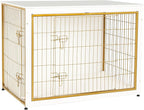 DWANTON Dog Crate Furniture with Cushion, Wooden Kennel Table with Double Doors, Indoor Dog House, Extra Large Size, 43.3" L, White+Gold