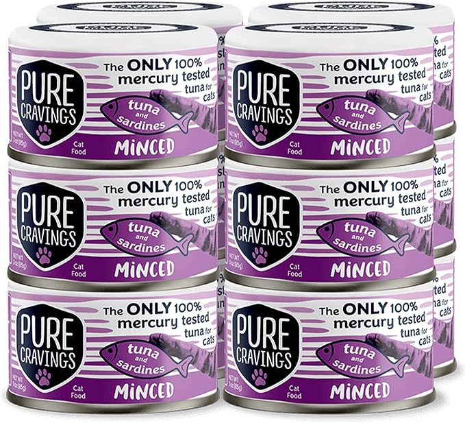 Minced Tuna and Sardines Wet Canned Cat Food, 100% Mercury-Tested, Moist Can Fish for Cats, Grain-Free, Protein, Non-GMO, 3oz, Pack of 12