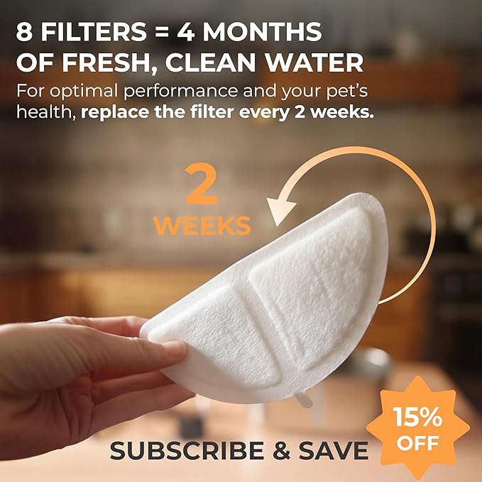 Replacement Filters for Stainless Steel Cat Water Fountain – 4 Months Set of Activated Carbon & Ion Exchange Resin for Fresh & Clean Drinking, Pack of 8 Filters
