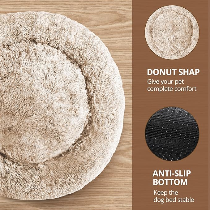 JOLLYVOGUE Calming Dog & Cat Bed for Small Dogs, Anti-Anxiety Donut Cuddler Cozy Soft Round Bed with Anti-Slip Bottom, Fluffy Faux Fur Plush Cushion Beds for Small Medium Dogs (23")