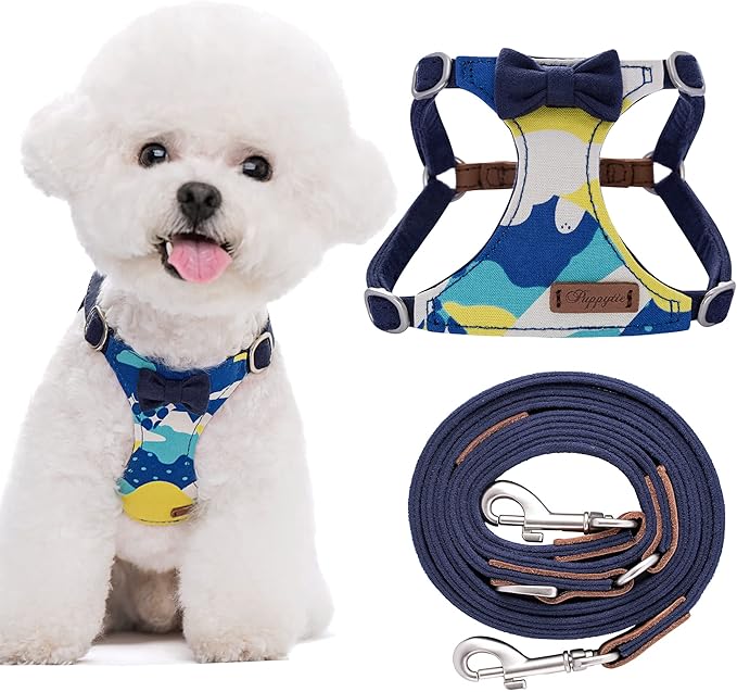 Puppytie No Pull Small Dog Harness with Multifunction Dog Leash,Lightweight Soft Adjustable No Choke Escape Proof Pet Harness Vest Pet Harness Vest,Suede Bow Navy,S