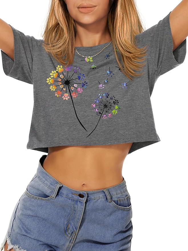 Womens Summer Crop Tops Short Sleeve Round Neck T-Shirts Loose Fit Casual Blouse