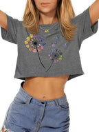 Womens Summer Crop Tops Short Sleeve Round Neck T-Shirts Loose Fit Casual Blouse
