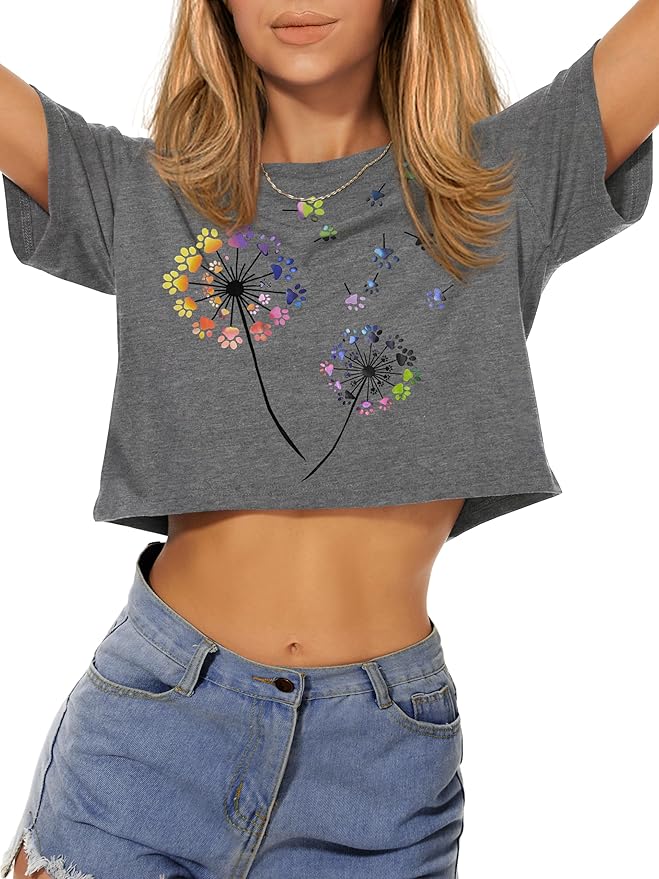 Womens Summer Crop Tops Short Sleeve Round Neck T-Shirts Loose Fit Casual Blouse