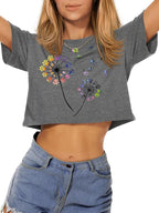 Womens Summer Crop Tops Short Sleeve Round Neck T-Shirts Loose Fit Casual Blouse