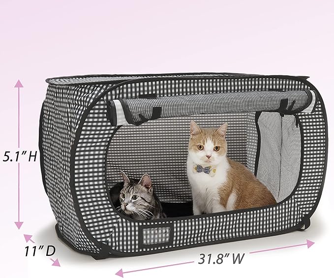 Necoichi Stress-Free Enclosure Cat Travel Carrier Cage 31.8" L x 20.0" W x 20.0" H with Litter Box Set Collapsible Gray White Stripes | Pop up Kannel, Crates
