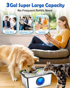 Large Dog Water Fountain SS304,12L Ultra-Purification Pet Drinking Dispenser with Visual Window,Widely Drinking Area,Deep Purification Filter,Triple Waterfall Structure,Low Water Indicator