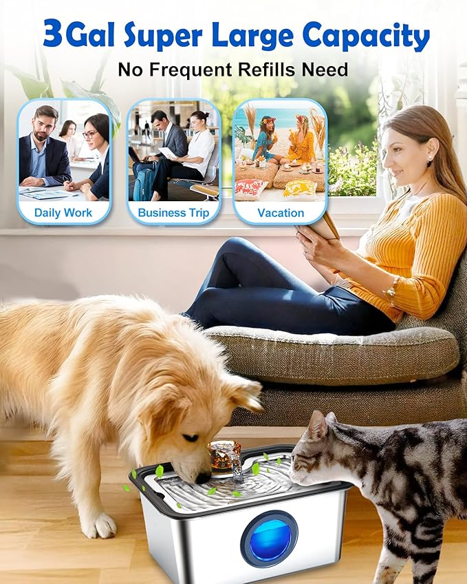 12L Large Ultra-Purification Dog Water Fountain SS304,Dog Drinking Bowl Dispenser with Visual Window,Widely Drinking Area,Triple Waterfall Structures,Deep Purification Filter,Low Water Indicator
