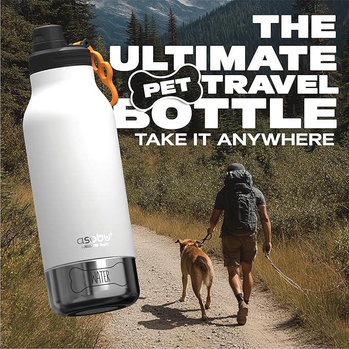 asobu Dog Barky Bottle – Insulated Stainless Steel Water Bottle with 2 Removable Dog Bowls for Food, Treats & Water – Pet-Friendly Travel Bottle for Hiking, Road Trips & Outdoor Adventures