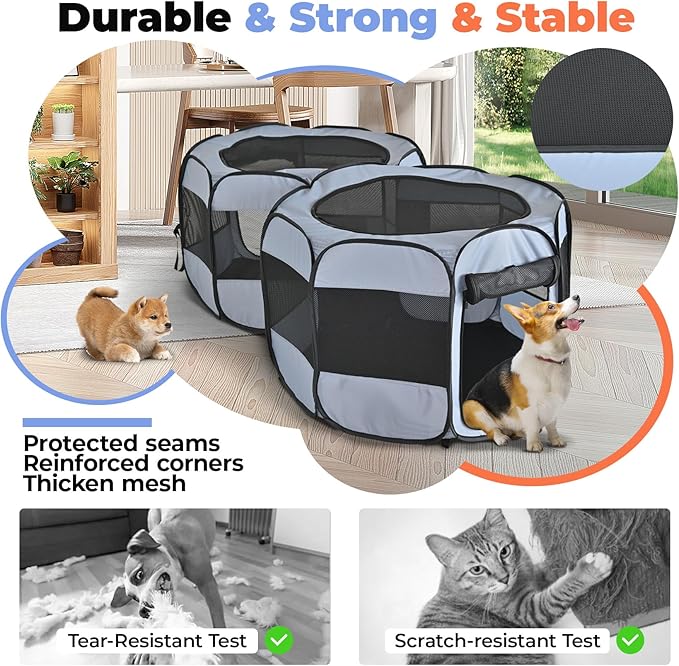 2-in-1 Cat Playpens, Detachable into 2 Separate Playpens with Additional 2 Doors, Portable Dog Playpen Cat Tent Enclosure for Kitten and Puppy Indoor Outdoor Use(M)