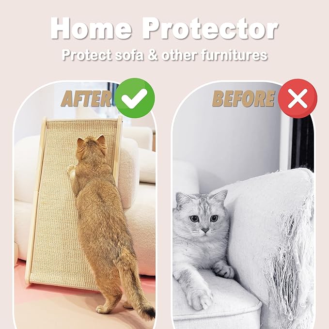 Meeyoview Sisal Cat Scratcher Ramp, 27'' L Shape Scratching Post, Vertical Cat Scratcher for Indoor Cats, Solid Wooden Scratch Pad, Furniture Protector with Catnip