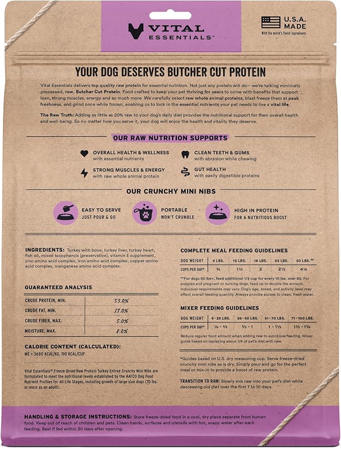 Vital Essentials Freeze-Dried Raw Turkey Meal or Mixer Dog Food Crunchy Mini Nibs, 25 oz