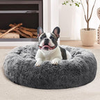 JOLLYVOGUE Calming Dog & Cat Bed for Small Dogs, Anti-Anxiety Donut Cuddler Cozy Soft Round Bed with Anti-Slip Bottom, Fluffy Faux Fur Plush Cushion Beds for Small Medium Dogs, 23"/Smoke Black