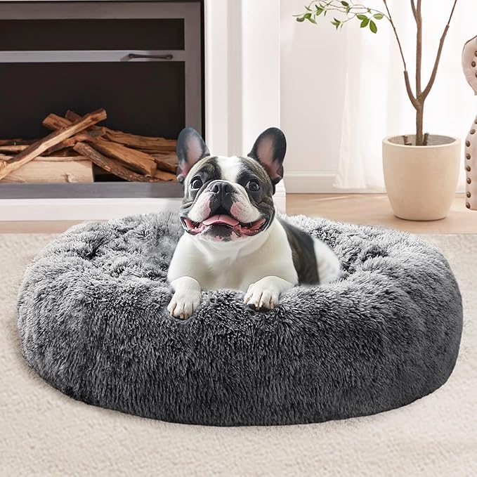 JOLLYVOGUE Calming Dog & Cat Bed for Small Dogs, Anti-Anxiety Donut Cuddler Cozy Soft Round Bed with Anti-Slip Bottom, Fluffy Faux Fur Plush Cushion Beds for Small Medium Dogs, 23"/Smoke Black