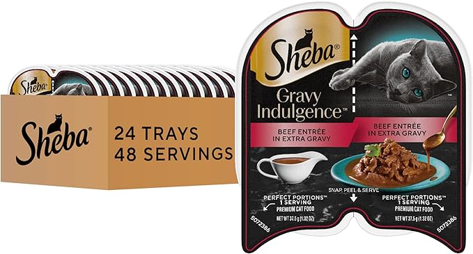 Sheba Gravy Indulgence Adult Wet Cat Food Beef Entree in Extra Gravy, 2.6 oz. Twin-Pack Trays (24 Count, 48 Servings)