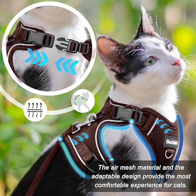 Cat Harness and Leash Set - Escape Proof Adjustable Cat Harness, Comfortable Soft Lightweight, Use Safe & Easy, Walking Travel Kitten Harness for Small Medium Large Cats, Brown, S(7-12lb)