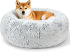 Dog Calming Beds for Small Medium Large Dogs - Round Donut Washable Puppy Dog Bed, Anti-Slip Faux Fur Fluffy Donut Cuddle Anxiety Cat Pet Bed (28" Rose)