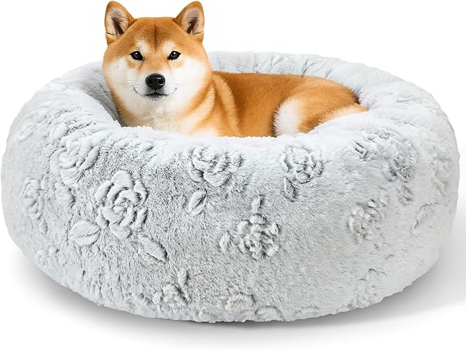 Dog Calming Beds for Small Medium Large Dogs - Round Donut Washable Puppy Dog Bed, Anti-Slip Faux Fur Fluffy Donut Cuddle Anxiety Cat Pet Bed (28" Rose)