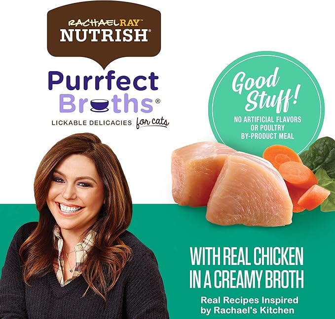 Rachael Ray Nutrish Purrfect Broths Natural Wet Cat Food, Creamy Chicken Bisque with White Meat Chicken & Veggies Recipe, 1.4 Ounce Pouch, Grain Free (Pack of 24)