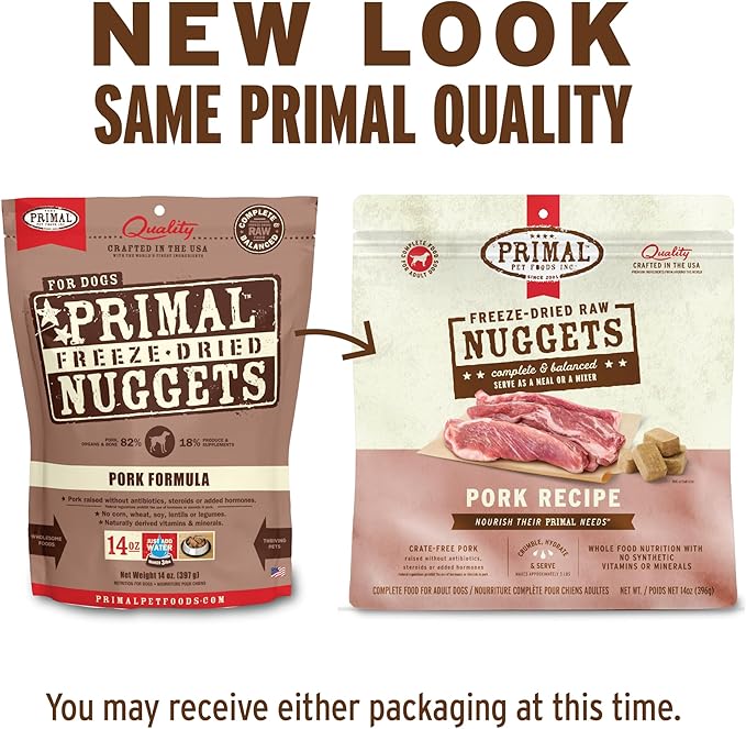Primal Freeze Dried Raw Dog Food Nuggets, Pork, Complete & Balanced Meal, Also Use as Topper or Treat, Premium, Healthy, Grain Free, High Protein Raw Dog Food, 14 oz