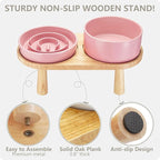 Ceramic Slow Feeder and Water Bowl Set for Medium and Large Dogs, Ceramic Dog Bowls Elevated with Wooden Stand, 2.0 Cups Dog Slow Feeder(30oz) and 70oz Water Bowl Set, Pink