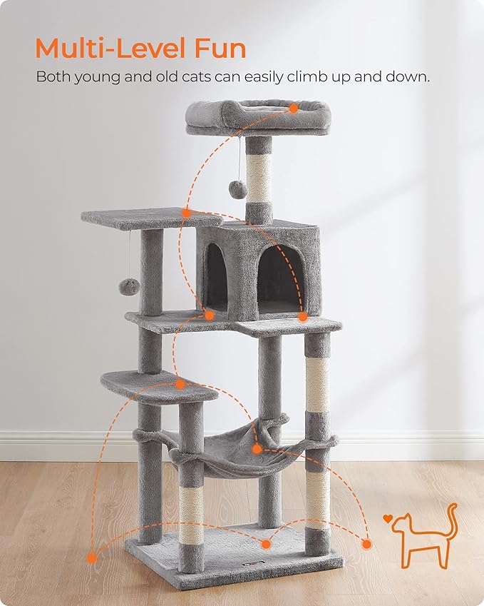 Feandrea Cat Tree, 56.3-Inch Cat Tower for Indoor Cats, Multi-Level Cat Condo with 4 Scratching Posts, 2 Perches, Hammock, Cave, Light Gray UPCT161W01