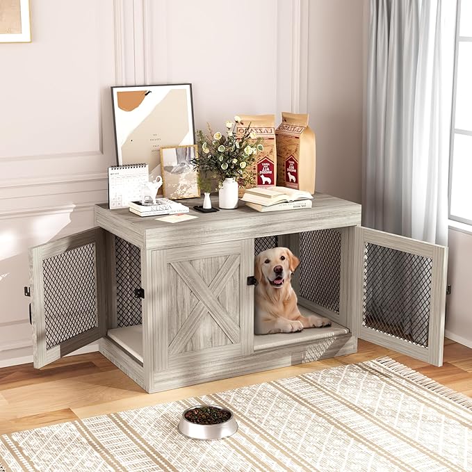 Xilingol Corner Dog Crate Furniture with Double Doors, 36 Inch Wooden Dog Kennel End Table Indoor with Mesh, Cage/House for Small Medium Large Dog, Decorative Pet Crate Indoor Use, Grey