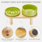 Ceramic Slow Feeder and Water Bowl Set for Small Dogs, Ceramic Dog Bowls Elevated with Wooden Stand, 0.6 Cups Dog Slow Feeder(14oz) and 30oz Water Bowl Set, Green
