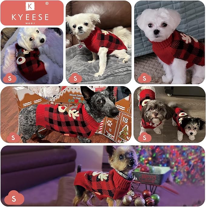 KYEESE Dog Christmas Sweater Reindeer Small Dogs Christmas Sweater Red Buffalo Check with Leash Hole Pet Sweater Dog Christmas Outfit Puppy Sweater,S