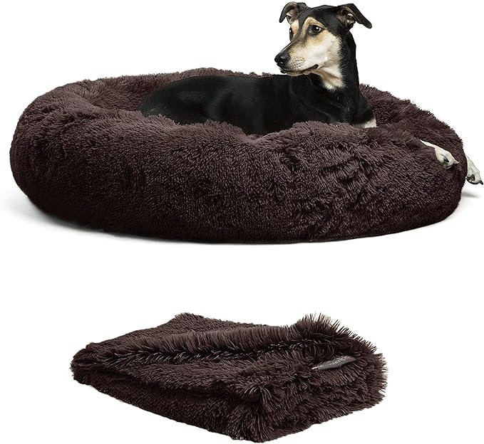 Best Friends by Sheri Bundle Set The Original Calming Shag Donut Cuddler Cat and Dog Bed + Pet Throw Blanket Dark Chocolate Large 36" x 36"
