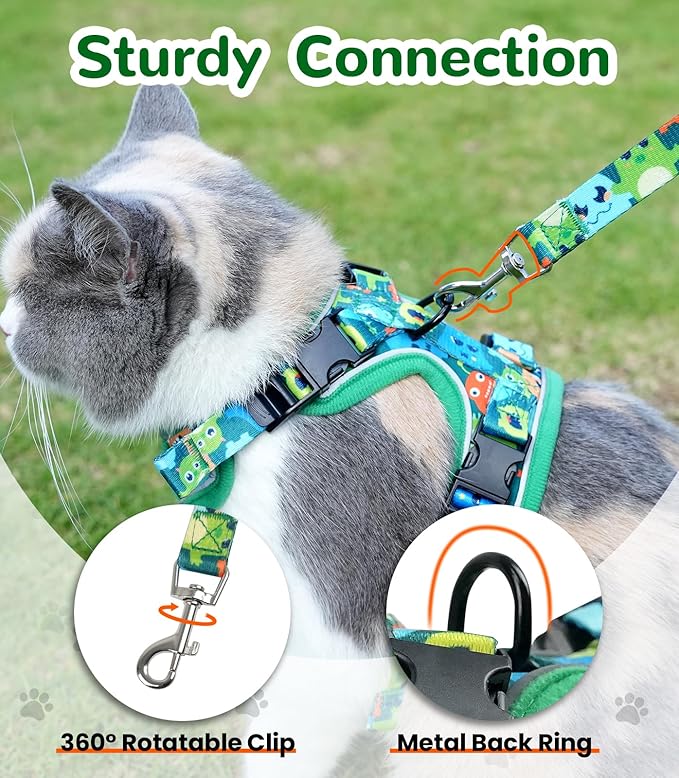 Halypet Cat Harness and Leash Set for Walking, Escape Proof Adjustable Vest Harness with 3-in-1 Integrated Buckles, Easy Control Soft Breathable Mesh with Reflective Strips for Cats, S Green Monster