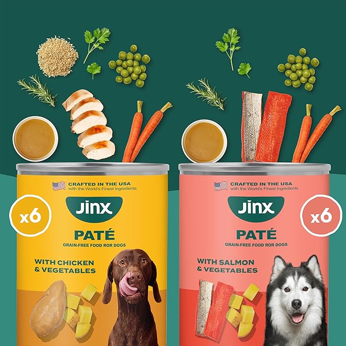 Jinx Premium Wet Dog Food Cans, Variety Pack - Salmon & Chicken Pate - Grain-Free Canned Dog Food Pate & Topper with Real Ingredients & No Fillers - All Life Stages, Breeds & Sizes - 12-Pack, 13 Oz