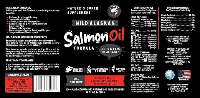 Wild Alaskan Salmon Oil for Dogs & Cats - Omega 3 Fish Oil with Pollock & Salmon for Sensitive Skin & Coat Health. EPA & DHA Ease Itching, Supports Joint, Immune & Heart Health (16oz)
