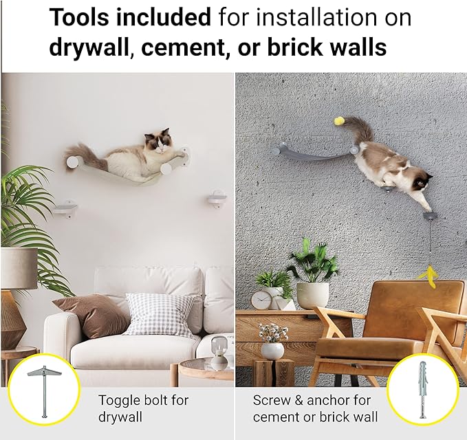 SVD.PET Wall Mounted Cat Hammock with Cat Toy, Easy-to-insall Cat Wall Shelf with Soft Pad on This Premium Kitty Furniture, Modern Design. Easily Supports up to 40 lbs (Easy-Install, Dark Grey)