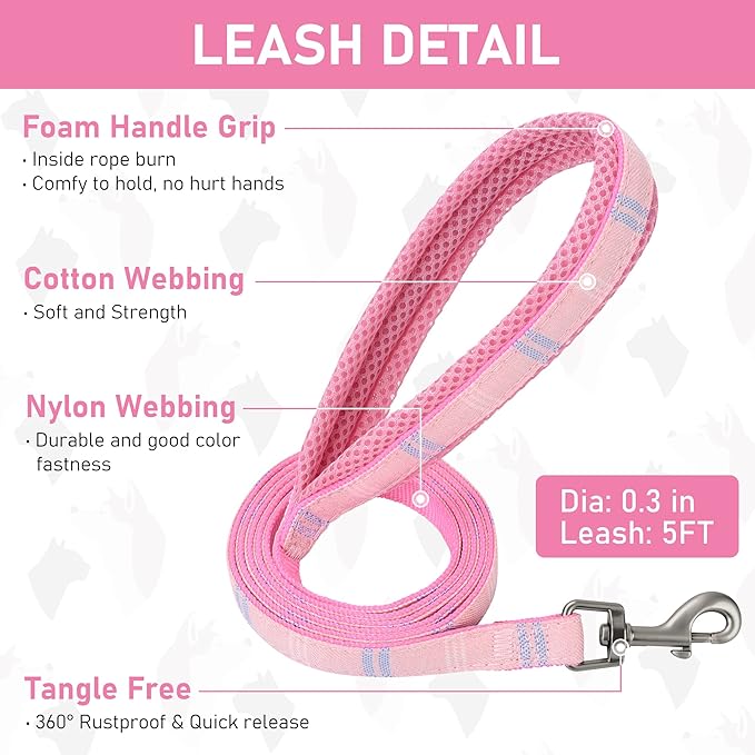 GAMUDA Small Dog Harness Collar and Leash Set, Step in No Chock No Pull Soft Mesh Adjustable Dog Vest Harnesses Plaid Reflective for Dogs Puppy Cats Kitten Rabbit (Pink, L)