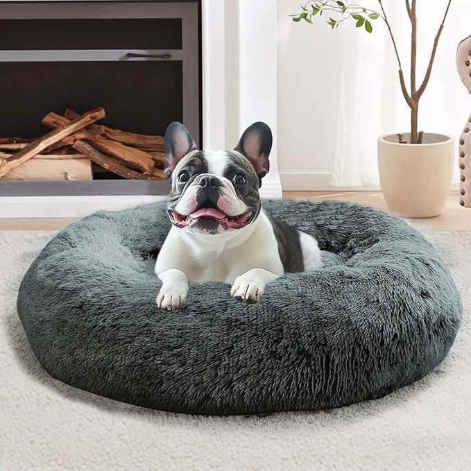 JOLLYVOGUE Calming Dog & Cat Bed for Small Dogs, Anti-Anxiety Donut Cuddler Cozy Soft Round Bed with Anti-Slip Bottom, Fluffy Faux Fur Plush Cushion Beds for Small Medium Dogs (23")