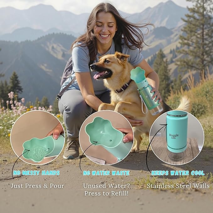 Stainless Steel Dog Travel Water Bottle, Vacuum Insulated Portable Dog Water Dispenser, Large Bottle with Drink Cup On The Go, Outdoor Walking, Hiking, Travel (Mint, 22oz)