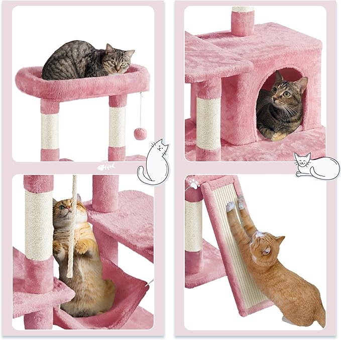 Yaheetech Cat Tree Cat Tower, 63in Multi-Level Kitten Tree w/Sisal-Covered Scratching Posts & Condo, Pet Furniture Activity Center for Kitty, Pink