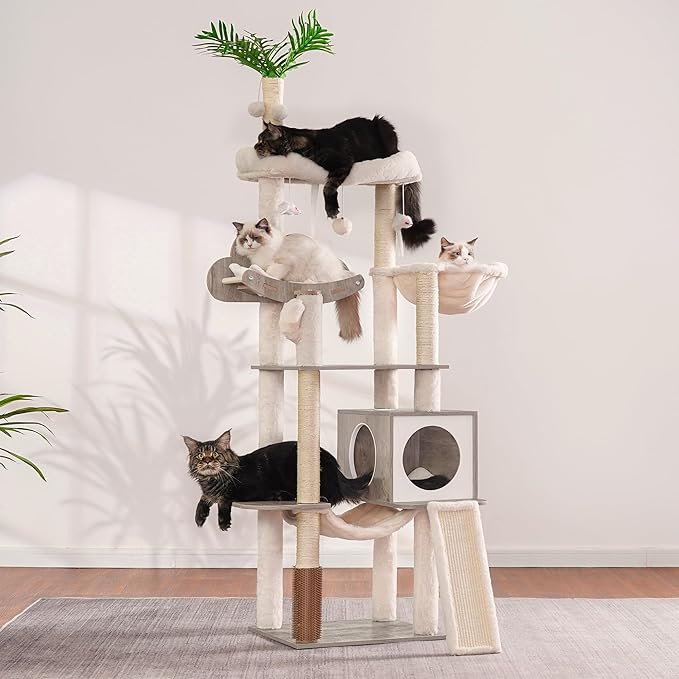 Heybly Wood Cat Tree for Indoor Cats, Cat Condo for Large Cats with Self Groomer, Modern Cat Scratching Tower with Basket, Hammock, Dangling Ball and Leaves, Rustic Gray HCT120SG