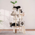 Heybly Wood Cat Tree for Indoor Cats, Cat Condo for Large Cats with Self Groomer, Modern Cat Scratching Tower with Basket, Hammock, Dangling Ball and Leaves, Rustic Gray HCT120SG