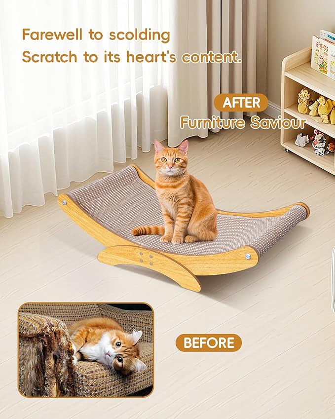 Cat Scratcher Bed for Indoor Cats - Natural Sisal Scratching Board with Sturdy Solid Wood Frame Scratch Pad, Cat Lounger/Hammock
