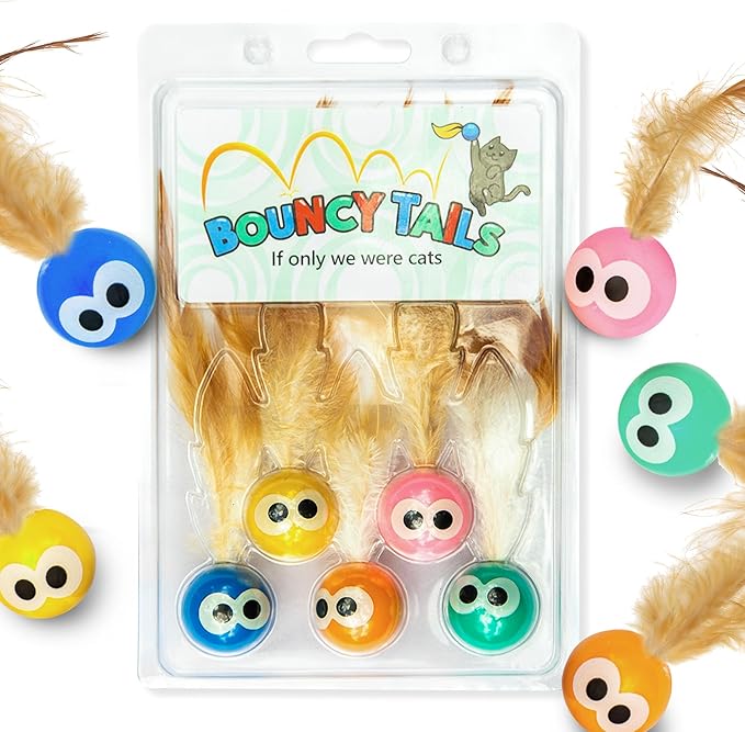 Bouncy Tails 5 Pack Interactive Bouncy Ball with Natural Feathers for Indoor Cats and Kittens who Love to Play and Have Fun.