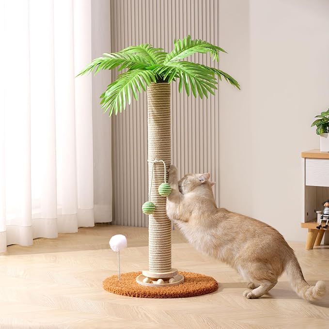 Cat Scratching Post for Space-Saving, 32'' Tall Cat Tree Post with Wooden Turntable Toy, Sisal Rope Cat Scratcher Post with 2 Interactive Ball for Indoor Cats and Kitten Climbing,Play & Rest