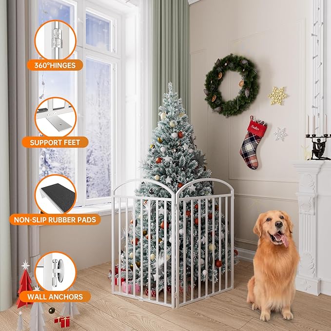 2 Panels Full Matel Freestanding Dog Gates with Door, 48"Extra Wide 36"Tall Free Standing Dog Pet Gate for Indoor & Outdoor. Foldable Pet Fences for Doorways, House, Stairs, Porch, Deck, Yard