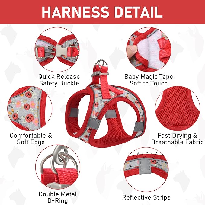 GAMUDA Small Dog Harness Collar and Leash Set, Step in No Chock No Pull Soft Mesh Adjustable Dog Vest Harnesses Plaid Reflective for Dogs Puppy Cats Kitten Rabbit (Red Flower, L)