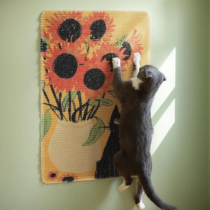 3-in-1 Sisal Cat Scratch Mat Sunflower 23.6x15.7'' Floor & Wall Cat Scratcher Pad, Protects Carpet Couch & Furniture with Sticker Tape, Anti-Slip, Durable for Indoor Outdoor Cats