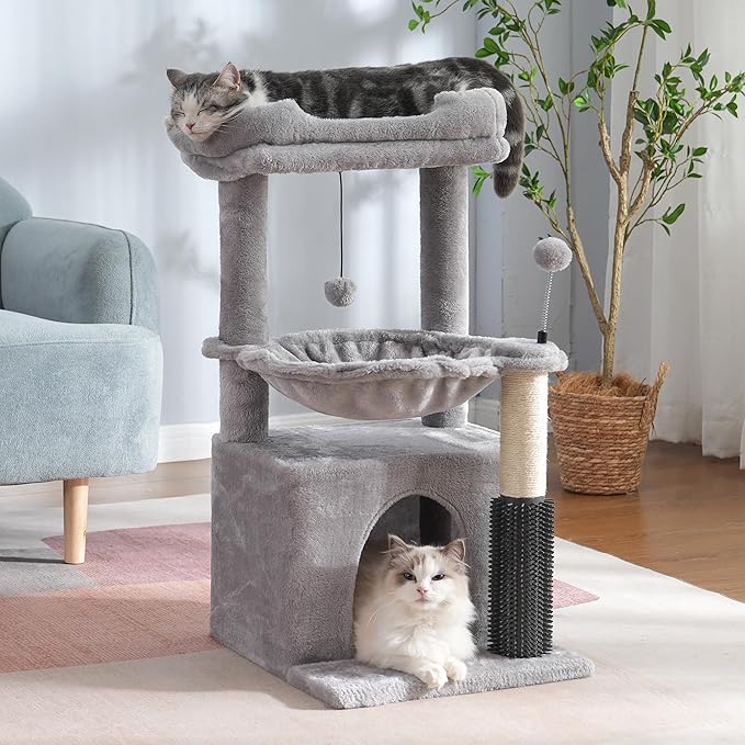 Cat Tree 32 Inches Small Cat Tower with Large Hammock Dia 15.7”,Self Groomer, Fully Scratching Post, Removable Top Bed and Wide Hideway Condo for Indoor Cats-Gray