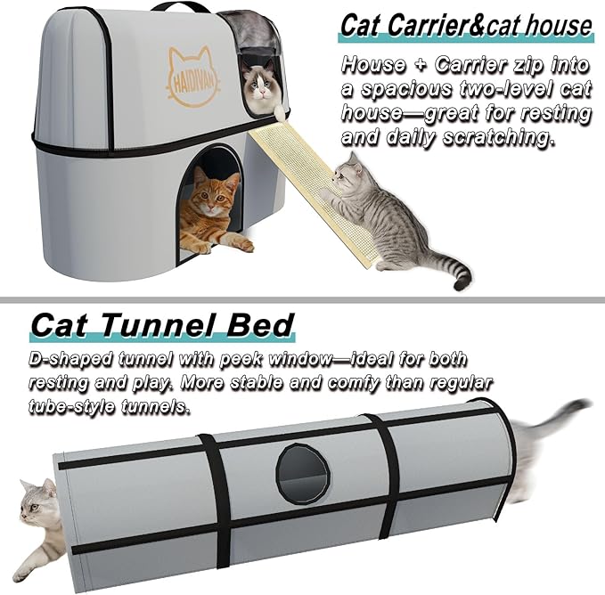 Pet 4-in-1 Cat Tunnel, Carrier, House & Scratcher – Detachable and Combinable – Indoor Beds, Outdoor Use, Cat Toys & Furniture (Gray)