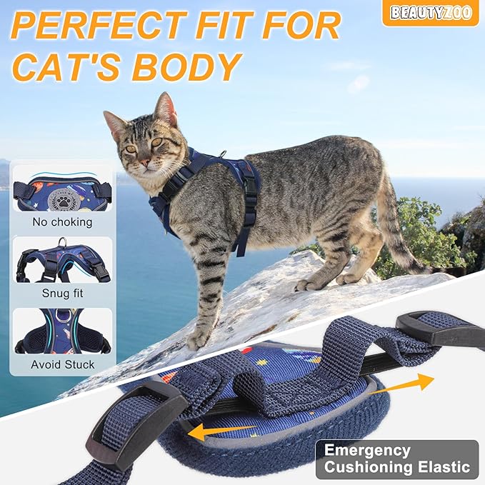 BEAUTYZOO Cat Harness and Leash Escape Proof for Walking[MAX Safety Upgrade]- Neck Release Adjustable Harness for Cats Puppy,Soft Comfortable Lightweight & Reflective Travel Kitten Harness for Outdoor